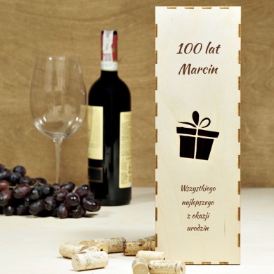 Drewniane Pudełko prezentowe z własną dedykacją na wino lub duży kieliszek do wina PREZENCIK