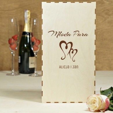 Personalizowane pudełko prezentowe z pokrywą na prezent ślubny 2 wysokie Kieliszki do szampana z grawerem MŁODA PARA