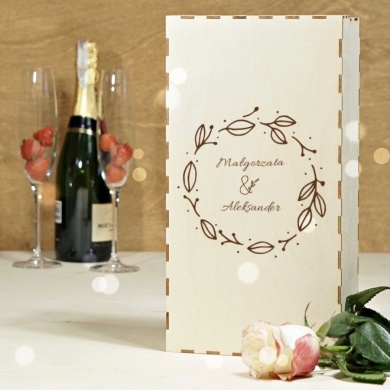 Personalizowane pudełko drewniane z pokrywą na prezent rocznicowy dla Pary 2 wysokie Kieliszki do szampana z grawerem ROCZNICA
