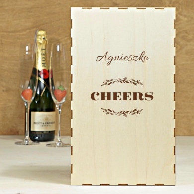 Personalizowane imieniem Pudełko prezentowe z wieczkiem na Szampana i 1 Kieliszek do szampana CHEERS