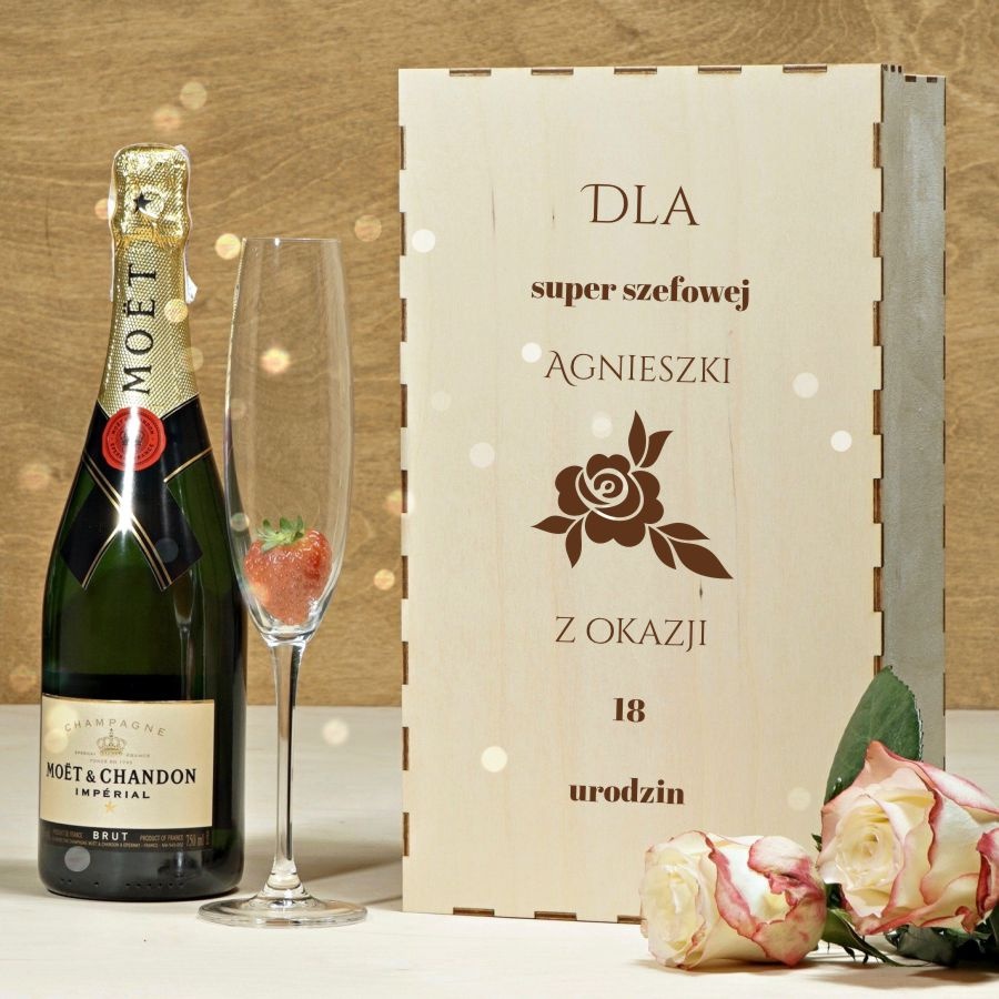 Grawerowane Pudełko prezentowe z wieczkiem na Szampana i 1 Kieliszek do szampana DEDYKACJE NA RÓZNE OKAZJE
