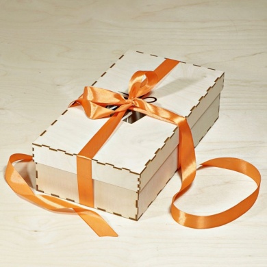 Drewniane pudełko prezentowe na 2 wysokie Kieliszki do szampana PREZENCIK- pomarańczowa wstążka