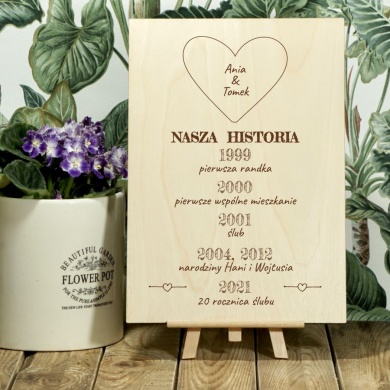 Personalizowana drewniana tabliczka z osobistymi życzeniami na Rocznicę Ślubu NASZA HISTORIA