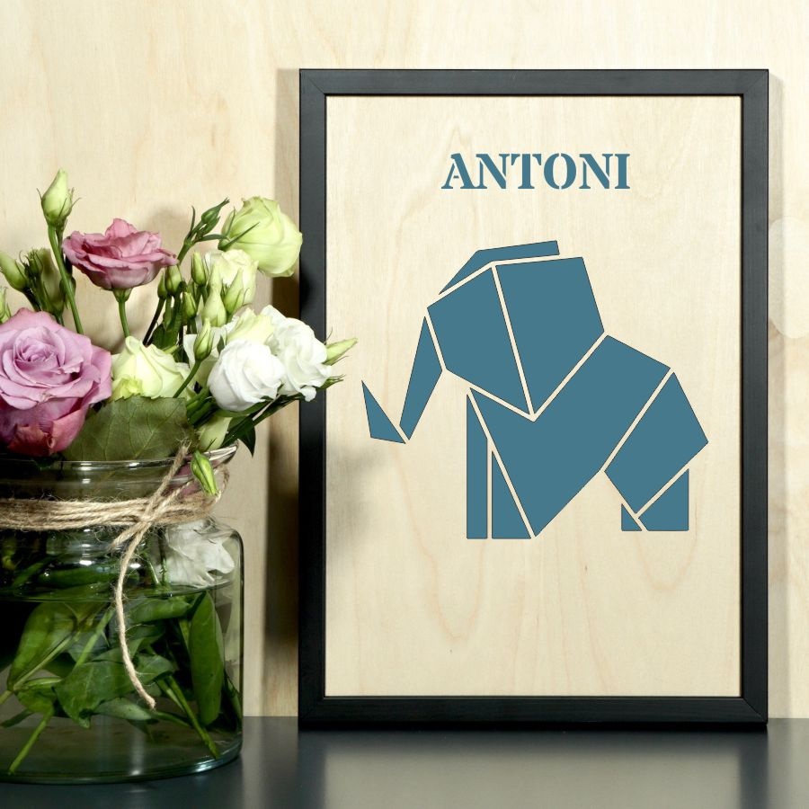 GEOMETRYCZNE ZWIERZĘTA SŁOŃ Drewniany obraz personalizowany z grafiką w kolorze w ramie drewnianej