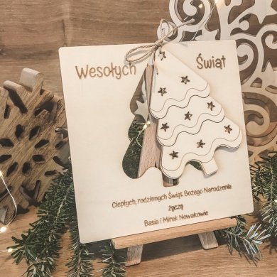 Drewniana Kartka personalizowana CHOINKA ZAWIESZKA z Twoimi życzeniami na Święta Bożego Narodzenia