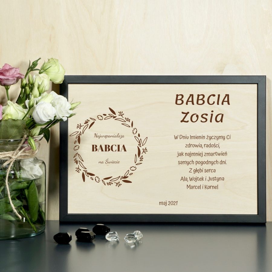 DLA BABCI Personalizowana grafika ścienna z Twoimi życzeniami, podziękowaniami na różne okazje oprawiona w drewnianą ramę