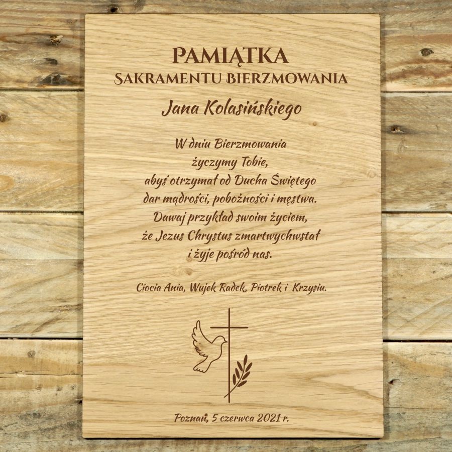 Personalizowana tabliczka drewniana z wygrawerowaną osobistą dedykacją Pamiątka Sakramentu Bierzmowania