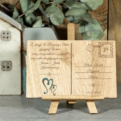 Drewniana Kartka okazjonalna z wygrawerowanymi własnymi życzeniami na Romantyczne Okazje Dwa Serca