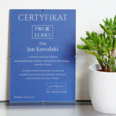 Personalizowany Certyfikat biznesowy z grawerem na szkle  Twoje Logo- niebieskie tło