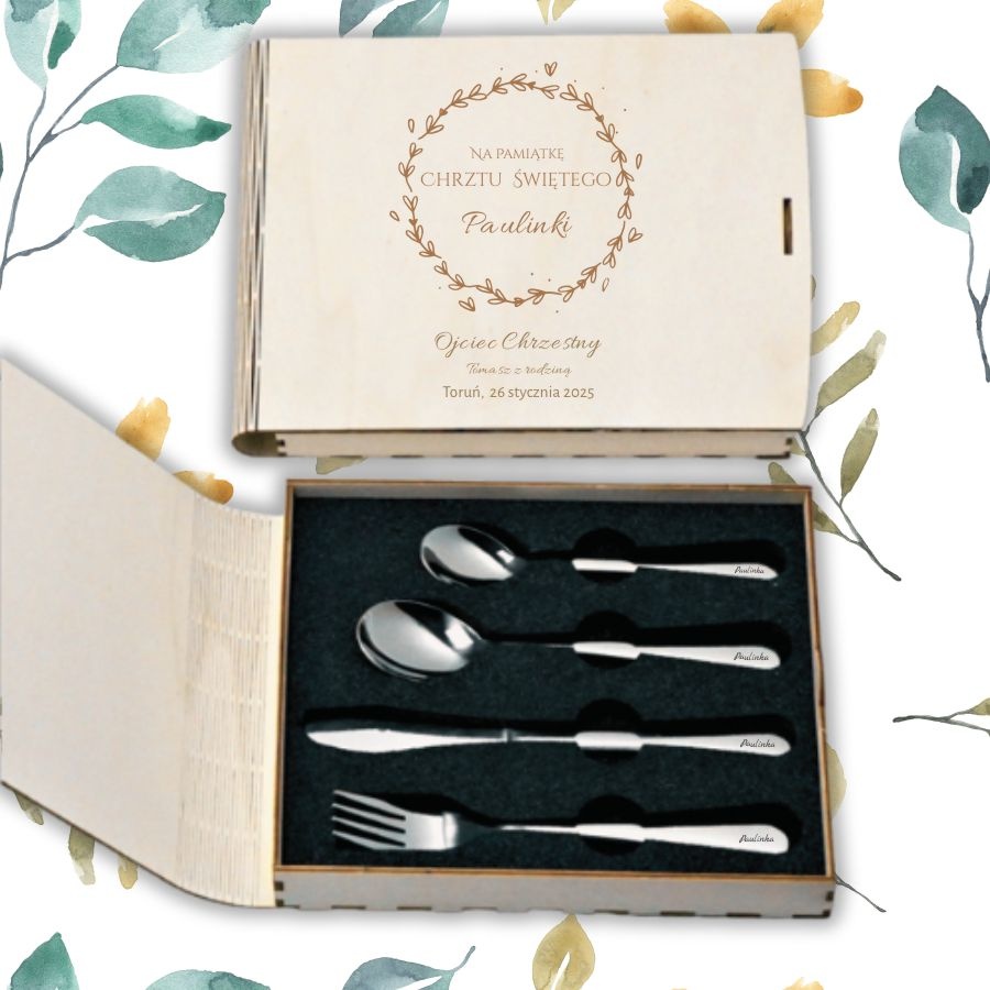 Sztućce dla dziecka Na Pamiątkę Chrztu Świętego w grawerowanym pudełku drewnianym