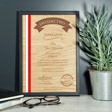 Personalizowana Tabliczka drewniana w ramie z grawerem Super Szef prezent dla szefa na pożegnanie- dąb